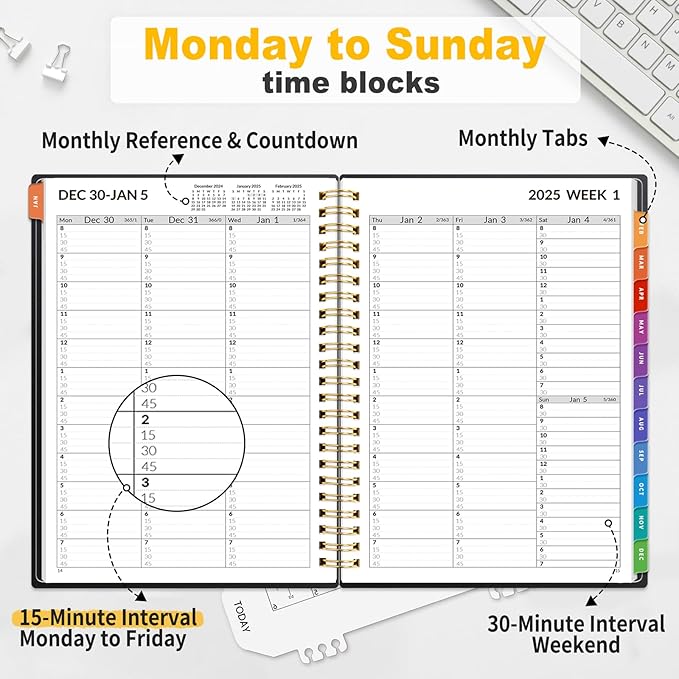 SUNEE 2025 Appointment Book, Quarter-Hourly, Weekly & Monthly - from January 2025 - December 2025, 6.4"x8.3" Weekly Planner, Flexible Cover, Note Pages, Pockets, Bookmark, Spiral Binding, Black