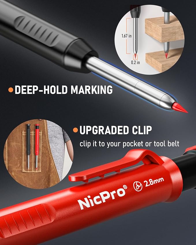 Nicpro 5 Pack Carpenter Pencil with Sharpener, Mechanical Pencils Set with 41 Refills (Red, Black, Yellow, White, Green, Blue), Deep Hole Marker Construction Heavy Duty Woodworking Pencils - With Case