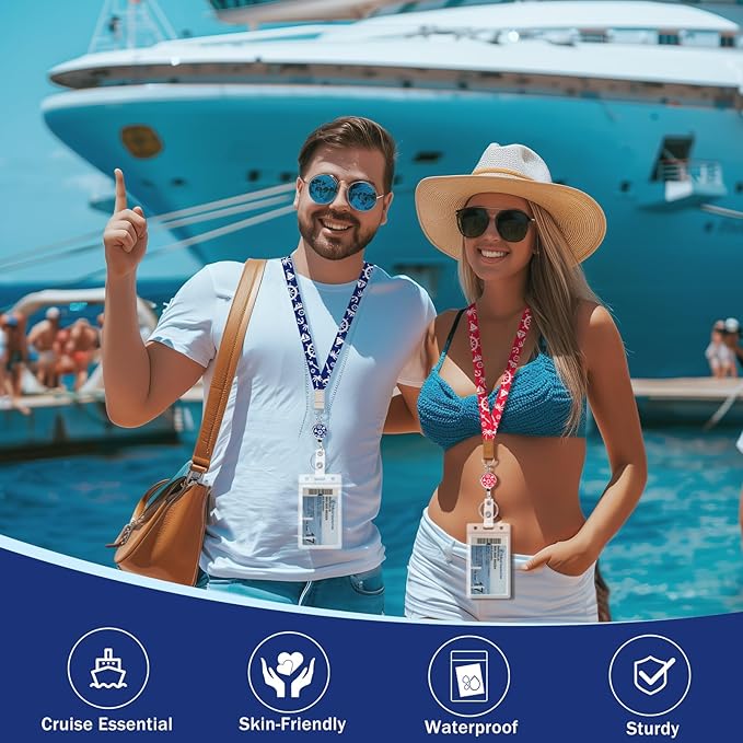 Giancomics Lanyards for Cruise Ships Cards Key, Lanyards with Retractable Badge Reel, Cute Waterproof ID Badge Holder Cruise Essentials Must Haves Zip Card Protector Red Blue 2 Pack