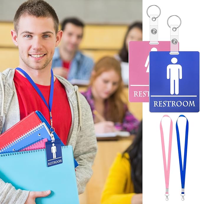12 Set Bathroom Pass Restroom Pass with Key Holder Keychain with Lanyard PVC Blue and Pink Restroom Passes for Classrooms Women Men