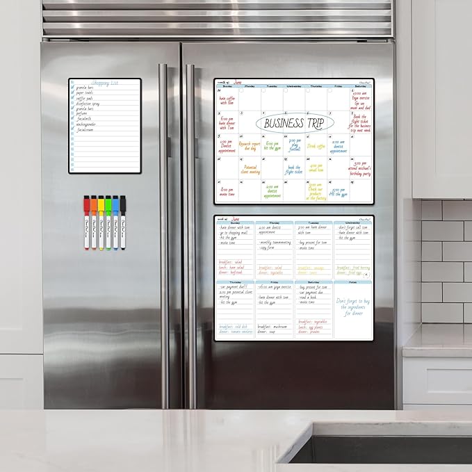 CLEVER CLEAN Magnetic Dry Erase Monthly Calendar - 14.25"x11.25" Monthly and Weekly Calendar Bundle for Fridge - 6 Extra Fine Point Markers Included - Shipped Flat