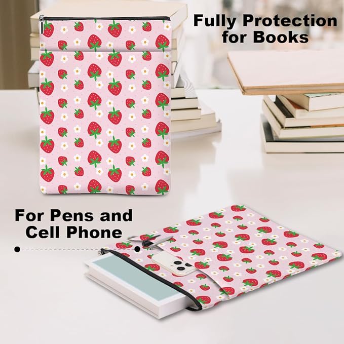 Strawberry Pattern Book Lovers Gifts Waterproof Book Sleeve Book Pouch Book Protector with Zipper and Front Pocket BookCover Case for Women Girl Grandma Mom Book Accessories Book Club Gifts