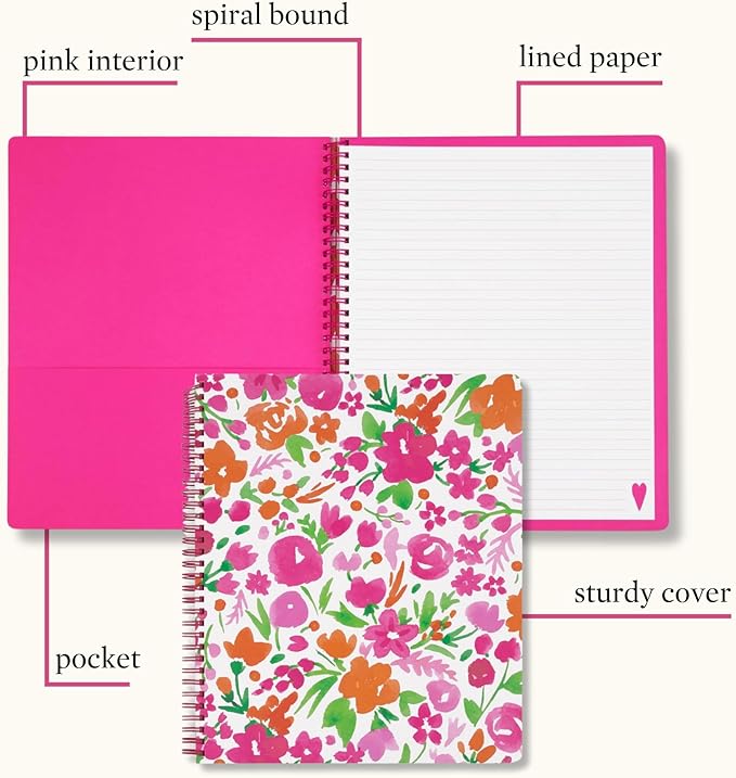 Steel Mill & Co Cute Large Spiral Notebook College Ruled, 11" x 9.5" with Durable Hardcover and 160 Lined Pages (Watercolor Flowers)