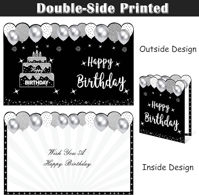 Jumbo Birthday Card with Envelope, Giant Guest Book Happy Birthday Greeting Cards, Large Birthday Card Gifts Party Supplies, Black White Silver Extra Big Birthday Card Decor