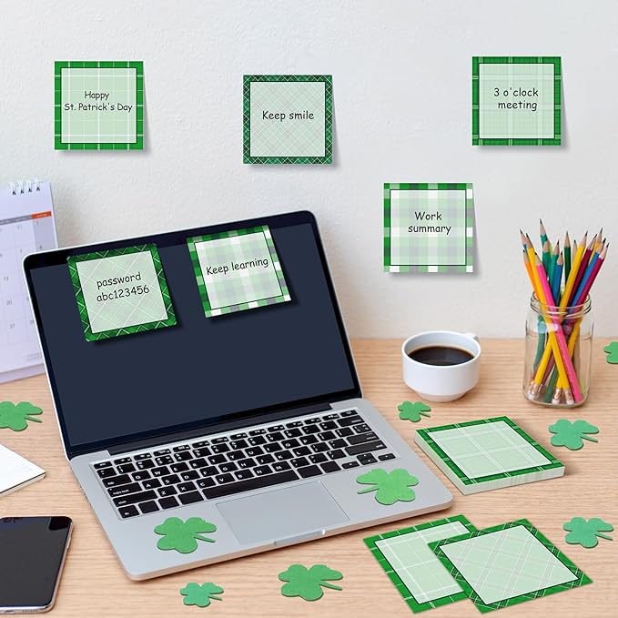 9 Pieces St. Patrick's Day Plaid Sticky Notes Green St. Patrick's Day Plaid Note Pads Self-Adhesive Irish Memo Notes for School Office Home Supplies Students Teachers Present St. Patrick's Day