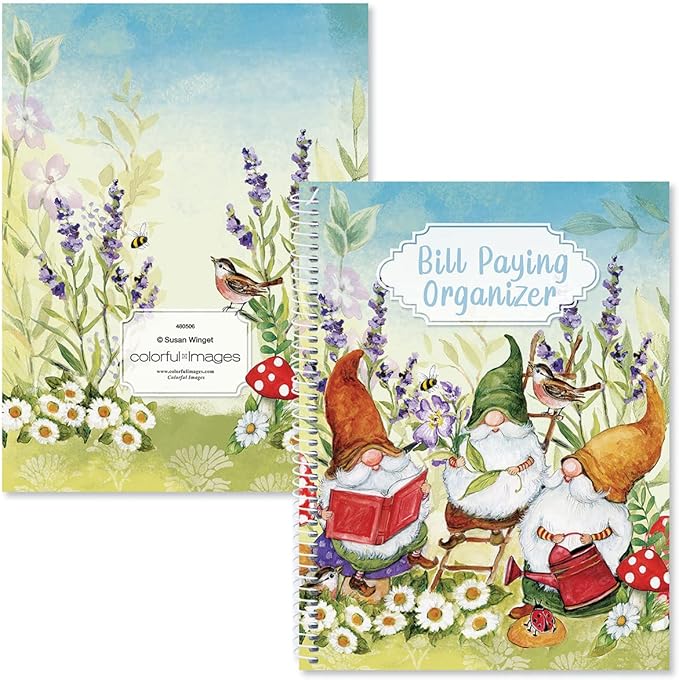 Sweet Gnome Bill Paying Organizer Book - Personal Account book, 9" by 12 inch, Spiral-Bound, 14 Pockets, 32 Label Stickers, Bill Tracking