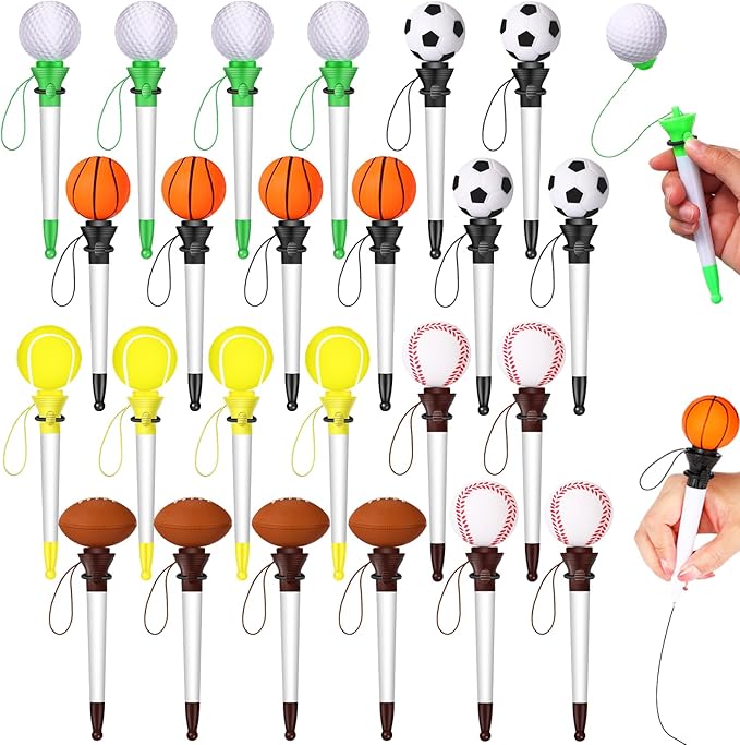 Lincia 24 Pcs Sport Funny Pen Hoop Ballpoint Novelty Bulk Plastic Sports Soccer Basketball Baseball Football Tennis Golf Themed Pen for Birthday Party School Award Party Favor Supplies(Assorted)