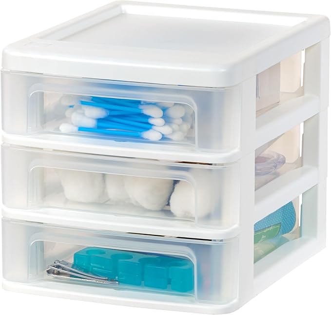 IRIS USA Plastic Stacking Desk Top 3-Drawer Storage Organizer, 4-Pack, for Makep Vanity Nail Polish Bathroom Stationery Art Craft Supplies Kitchen Office Garage and Small Organization, Small, White