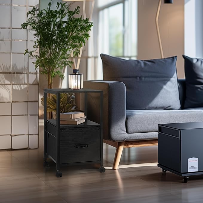 2 Tier Metal Mobile Under Desk Home Printer Stand with Storage Drawer Small File Cabinet for Home Office with Wheels Printer Tables for Small Spaces, Black