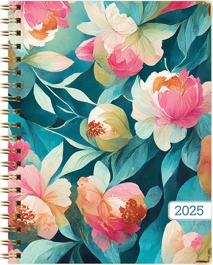 HARDCOVER 2025 Planner, 8.5"x11": 14 Months (November 2024 - December 2025), Daily Weekly Monthly Planner, Yearly Agenda, Bookmark, Pocket Folder and Sticky Note Set (Teal Floral)