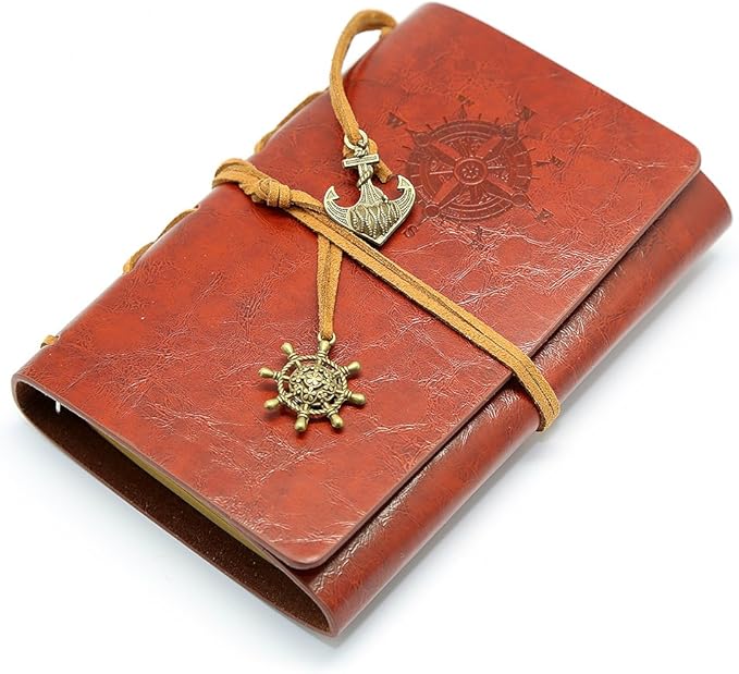 EvZ Leather Writing Journal Notebook, 5 Inches Vintage Nautical Spiral Blank String Diary Notepad Sketchbook Travel to Write in, Unlined Paper, Retro Pendants, Classic Embossed, Red Brown