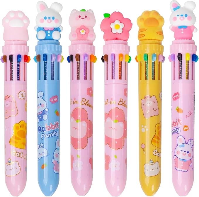 Multicolor Ballpoint Pen 0.7 mm, 10-in-1 Colored Pens Fine Point Retractable Cute Cartoon Ballpoint Pens for Office School Supplies Students Kids Gifts, 6 Pack