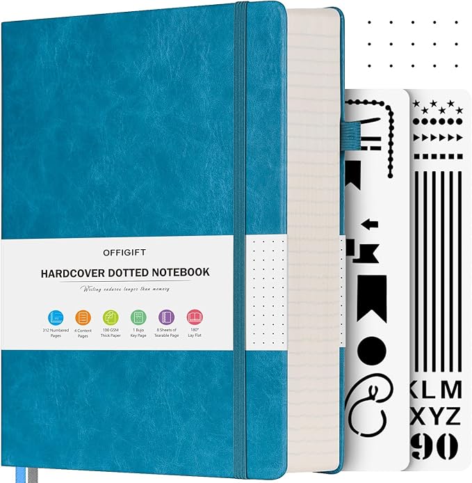 Bullet Dotted Journal Notebook, A5 Hardcover Dot Journal, 312 Numbered Pages Leather Journal, 100gsm No Bleed Paper Dot Grid Notebook with Index Pages for Women Men, 5.75" x 8.38", Blue