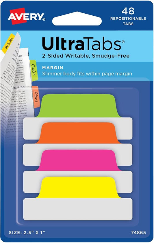 Avery Margin Ultra Tabs, 2.5" x 1", 2-Side Writable, Assorted Neon Colors, 48 Repositionable Page Tabs (74865)