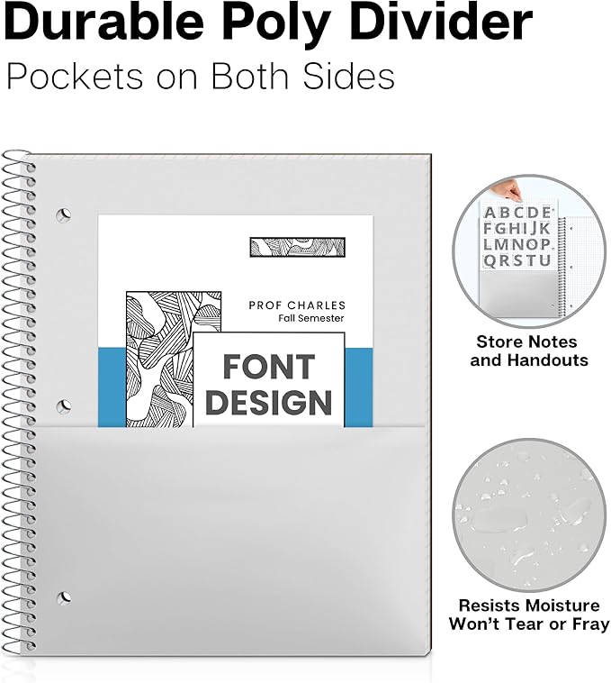 Dunwell Graph Paper Notebook 8.5 x 11 (3-Pack Red Blue Black) Plastic Cover, 100 Sheets (200 Pages), Perforated 3-Hole Punched, 4x4 Squares, Spiral Notebook, 1/4" Grid, Divider with Pockets