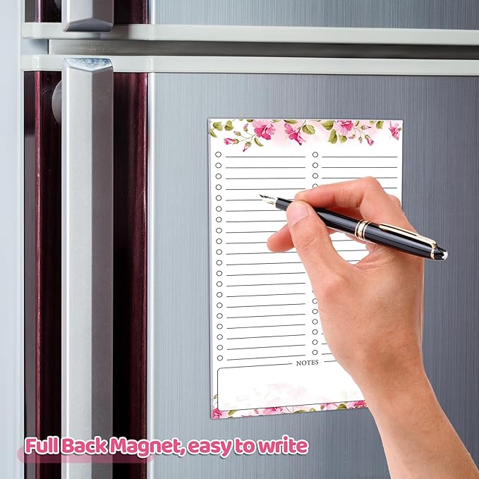 2 Pack Grocery List Magnet Pad for Fridge with Pen Holder, Totally 120 Sheets Magnetic Note Pad for Fridge Full Back Magnet Shopping List, To Do List, Memo Notepads, 4.5x7.5"(Pink Flower)