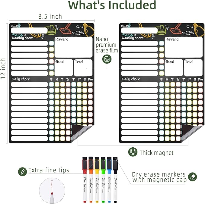 CLEVER CLEAN Magnetic Dry Erase Chore Chart - 8.5"x12" Behavior Responsibility Chore Board for Kids, Teenagers, Adults - 6 Extra Fine Point Markers Included - Shipped Flat