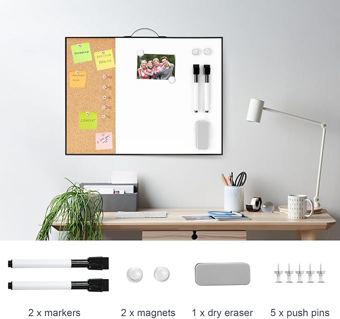 Small Cork Board Whiteboard Combo - 12" X 16" Portable Aluminum Black Framed Magnetic Dry Erase Board for Wall, Mini Bulletin CorkBoard with a Handle for Office, Home and School