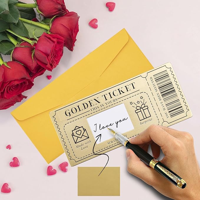6 Pieces Golden Ticket Scratch-off Cards with Envelopes, Scratch & Reveal Surprise Ticket for Writing Your Own Special for Birthday, Girlfriends, Wives, Valentine's Day Card, Christmas Gift Card