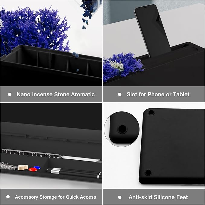TOWON Black Whiteboard for Desk with Artificial Potted Plant & Nano Incense Stone Aromatic, Desktop Dry Erase Notepad with Storage, Desk Accessories Tray with Organizer for Home Office