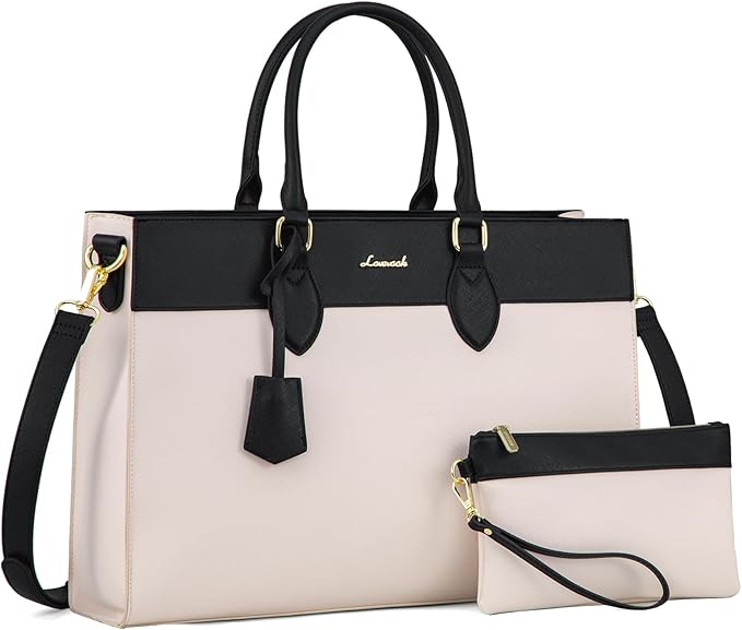 LOVEVOOK Laptop Bag for Women, 15.6 inch Laptop Tote Work Bag Purse, Large Waterproof Leather Computer Briefcase for Office, Beige-Black