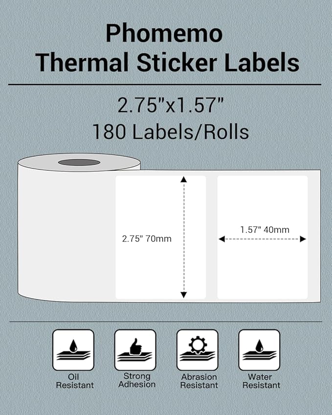 Phomemo Thermal Sticker Labels- 2.75"x1.57"(70x40mm) Thermal Label for M221/M220/M200, for Barcode/Address/Mailing/Logo/Business/Home Tag, Black on White