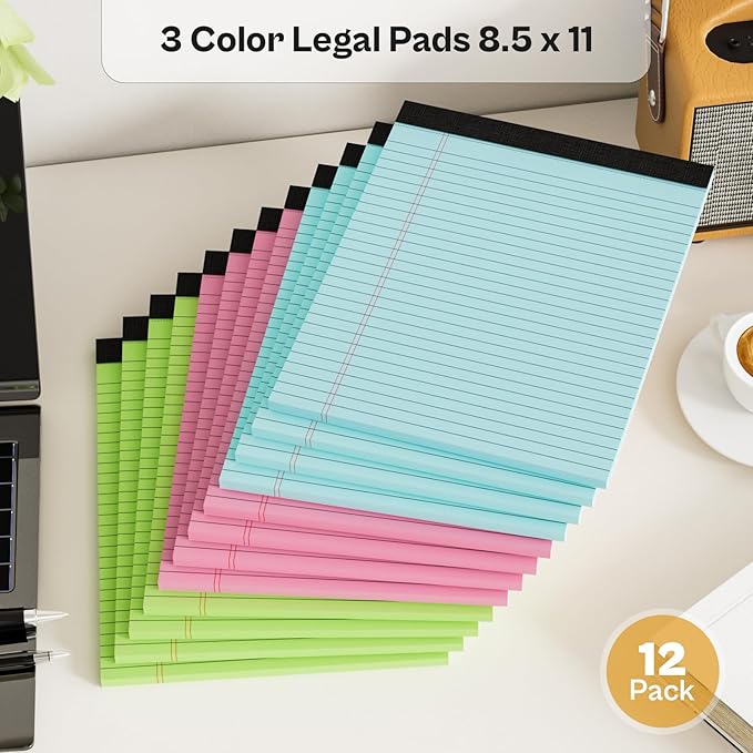 Legal Pads 8.5 x 11, 6 Pack Colored Note Pads 8.5 x 11 Pink Notepad 8.5 x 11 Multi-Color Pink/Green/Blue Writing Pads 8.5 x 11 Lined Paper Pads Wide Ruled Legal Pad Notebook Paper, 30 Sheets per Pad