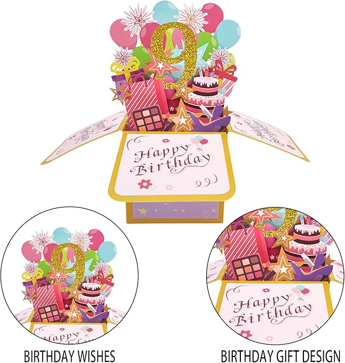 Asmallgf Happy 9th Birthday Pop Up Card for Daughter Niece, Funny 9 Years Old Birthday Gifts for Girl Boy, Sweet 9 Birthday Gift Ideas for Him Her