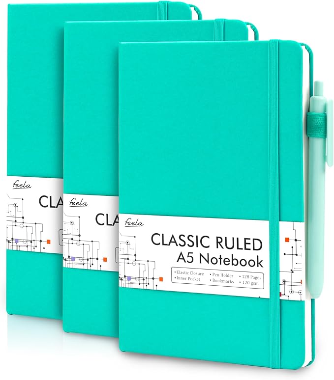 feela 3 Pack Notebooks Journals Bulk, Hardcover Notebook Classic Ruled Lined Journals with Pen Holder for Women Girls School Business Supplies, with 3 Black Pens, 120 GSM, 5.1”x8.3”, A5, Aqua