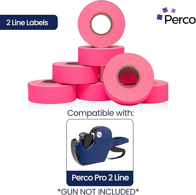 Perco 2 Line Fluorescent Pink Labels - 80 Rolls, 10 Sleeves, 80,000 Blank Price and Date Gun Labels for Perco 2 Line Price and Date Guns - Made in USA