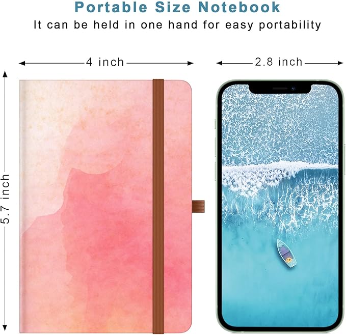 Small Notebook, Mini Pocket Journal A6 5.7" x 3.9", Leather Hardcover Journal with Pen Holder, 160 Thick Papers, Cute Lined Notebook Small Notepad for Women Writing Work Travel, Pink Sunglow