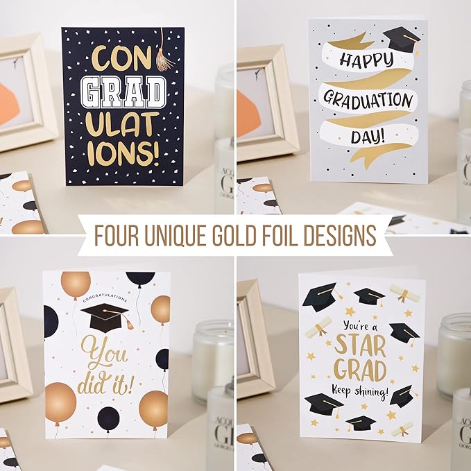 Graduation Cards 2024-20 Pack Matte Gold Foil Congratulations Cards, 7x5 Inches Bulk Greeting Cards with Envelopes and Stickers - College & High School Graduation