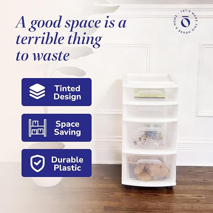 Homz Clear Plastic 4 Drawer Medium Home Storage Container Tower w/2 Large and 2 Small Drawers, and Removeable Caster Wheels, White Frame (2 Pack)