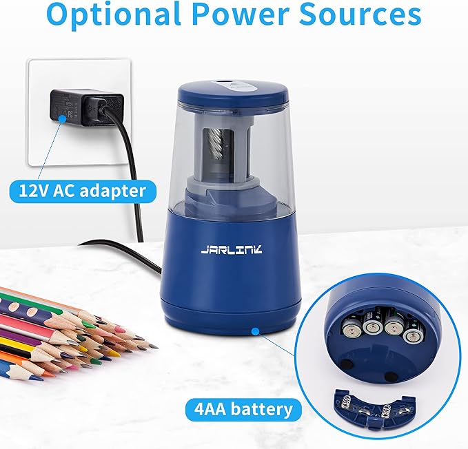 JARLINK Electric Pencil Sharpener, Heavy-Duty Helical Blade to Fast Sharpen, Auto Stop for No.2/Colored Pencils(6-8mm), USB/Battery Operated in School Classroom/Office/Home (Blue)