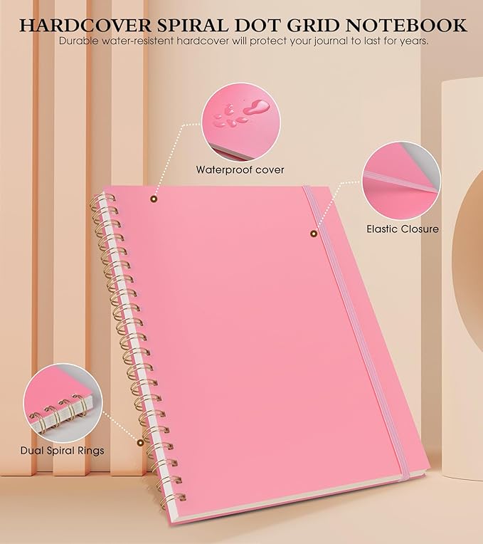 Dotted Notebook, Spiral Notebook Journal 8.5” x 11”, A4 Large Dot Grid Notebooks for Women Men, 100 GSM Dotted Paper, Plastic Hardcover Spiral Bullet Dotted Journals for Work School Sketching, Pink