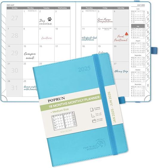 POPRUN Monthly Planner 2025-2026 (Medium- 6.5'' x 8.5'' Soft Cover), 18-Month Calendar Book (January 2025-June 2026), Calendar Planner with Monthly Tabs & Pocket, 100 GSM Paper - Blue Green