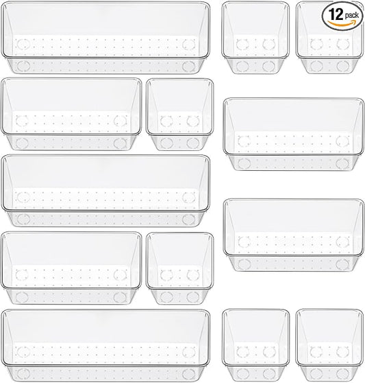 12 Piece Clear Drawer Organizer Set, 3 Sizes Bathroom Vanity Organizer Trays and Storage Bins for Makeup, Cosmetics, Jewelry, and Gadgets. Perfect for Office, Kitchen, Bedroom, Bathroom Use.