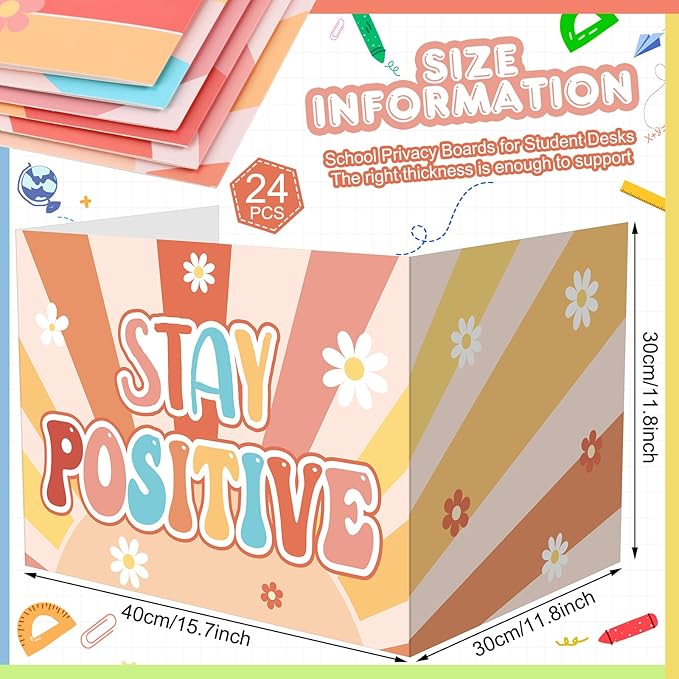 Honoson 24 Pcs Bulk Inspirational Privacy Folders for Students Cardboard Test Privacy Boards Motivational Words Desk Dividers Shield for Classroom School Study Supplies, 6 Styles(Groovy)