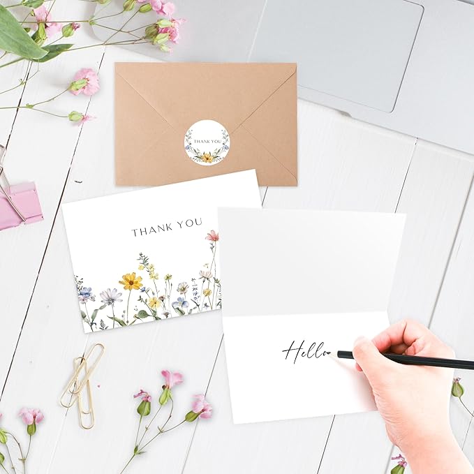 Thank You Cards with Envelopes(25 pack 4x6), Blank Cards with 5 Wildflower Designs, Perfect for Bridal Shower, Baby Shower, Wedding, Birthday, All Occasion