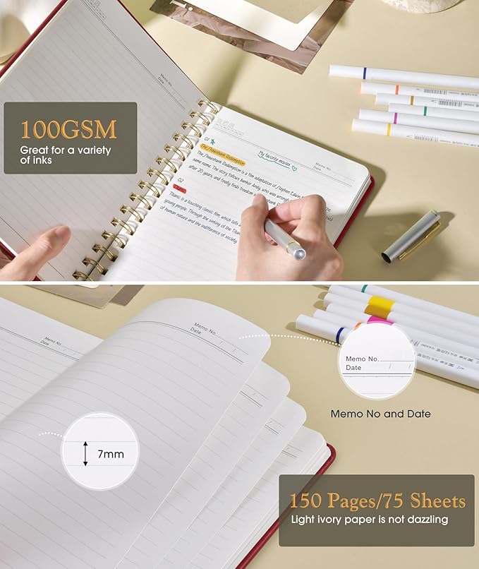 Lined Spiral Journal Notebook, A5 Hardcover Spiral Journals for Women Men, 150 Numbered Pages Spiral Bound Notebook, 100 GSM College Ruled Notebooks for Writing Note Taking 5.75" x 8.38", Wine Red