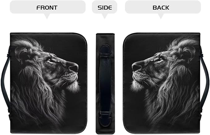 Lotusorchid Lion Print Faux Leather Bible Covers for Men, Portable Zippered Bible Carrying Case Bible Tote Bag for Women Girls, Christian Bible Study Accessories, Black, 2XL