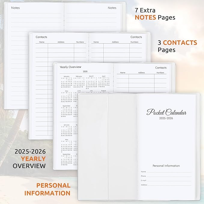 Pocket Calendar 2025-2026, Purse Monthly Planner - 3.7" x 6.7" - Runs from January 2025 Until December 2026, 2025 Pocket Calendar with Beach PVC Cover for Office