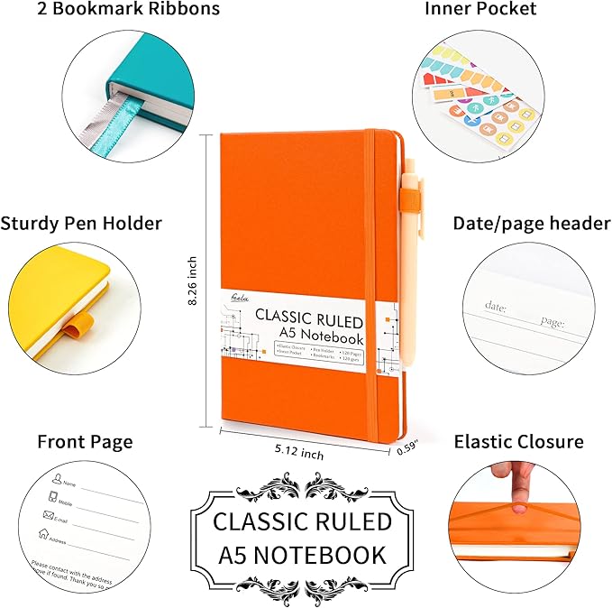 feela Hardcover Notebook For Work, Classic Ruled Lined Journal Set School Business Supplies, with 3 Black Pens, 120 GSM, 5.1”x8.3”, 3 Pack, A5, Solid Colors, Yellow, Orange, Emerald