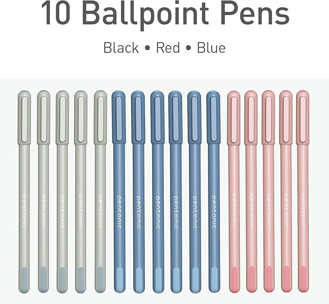 Pentonic Ballpoint Pens, 15 Count, Gray, Blue & Pink Barrels, Black, Blue & Red Ink, 0.7 mm Fine Point, Smooth Writing For Note Taking (PEN13088)
