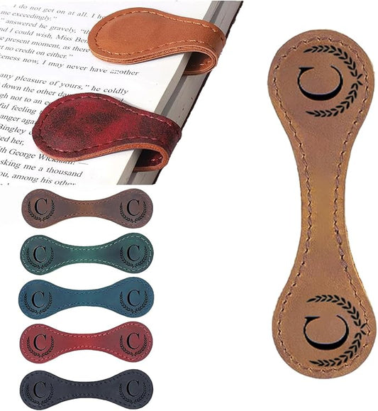 Personalized Magnetic Leather Bookmark, 26 Letters Custom Leather Bookmarks, Handmade, Leather Magnetic Bookmark for Book Lovers Readers Women Kid(Dark Yellow，C）