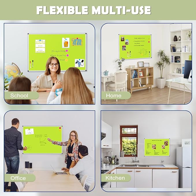 WALGLASS Magnetic Whiteboard 36"x24" Dry Erase White Board for Walls with Pen Tray, Aluminium Frame and Dry-Wipe Writing Surface for Kids' Drawing, Home, and Office (Green)