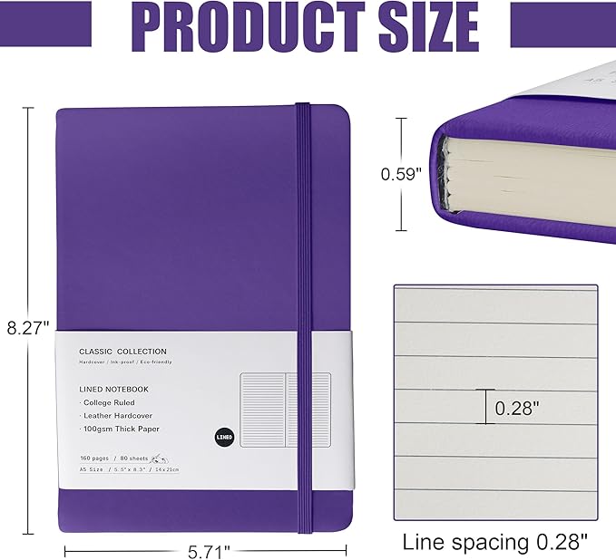 Lined Journal Notebook, 6Pack(Purple), 160 Pages, Medium 5.7 inches x 8 inches - 100 gsm Thick Paper, Hardcover