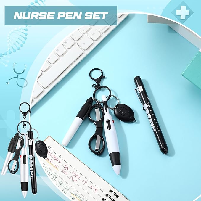 6 Pcs Nurse Pen Set Include Permanent Marker Pen Retractable Ballpoint Pen Keychain Clip Foldable Scissors Lights LED Flashlight Keychain for Nurse Accessories(Black)