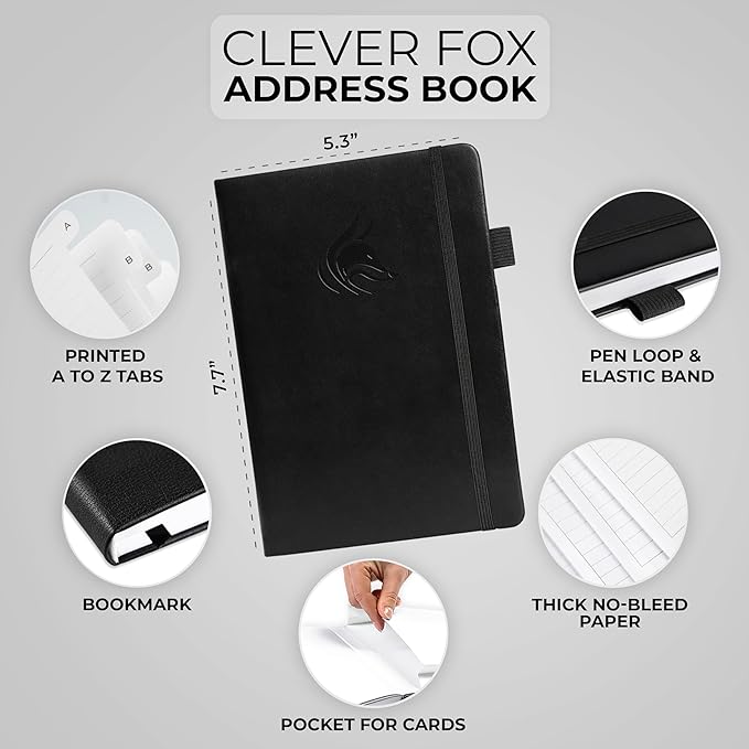 Clever Fox Address Book with alphabetic tabs - PU Leather Telephone and Address Book for Keeping Contacts Safe, Contact Organizer Journal, Medium Size (5.3″ x 7.7″) Hardcover, Black