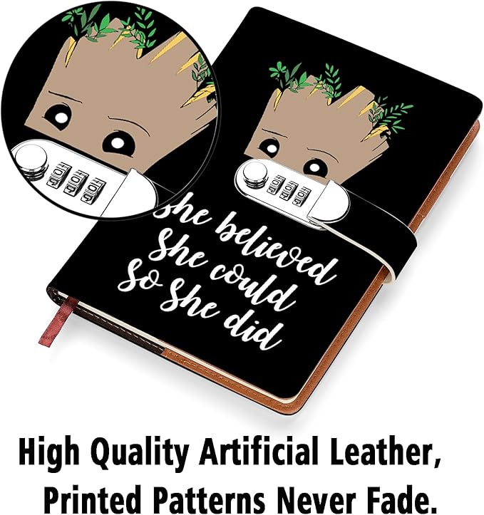 Funny Groot Gifts Leather Combination Lock Notebook Always Remember You’re Braver Than You Believe Leather Locked Journal Notebook Birthday Gifts for Daughter Son (she believed)